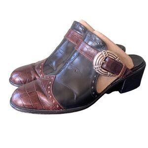 Brighton Mules Leather Cap Toe Faux Buckle Brown Black Silver Western Size 7.5 N